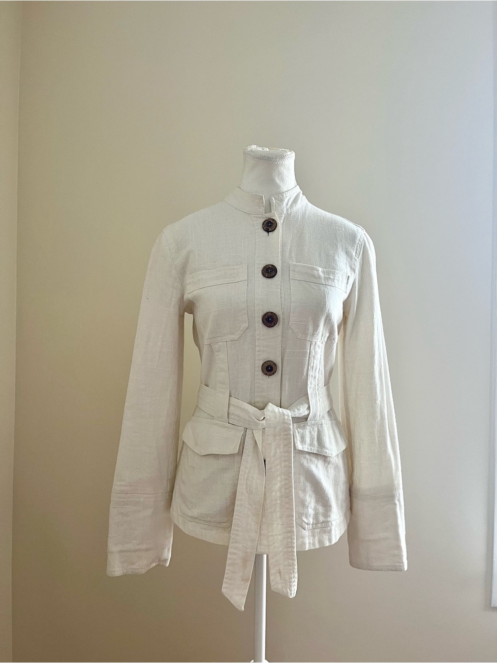 Cream Belted Button-Front Women's Jacket